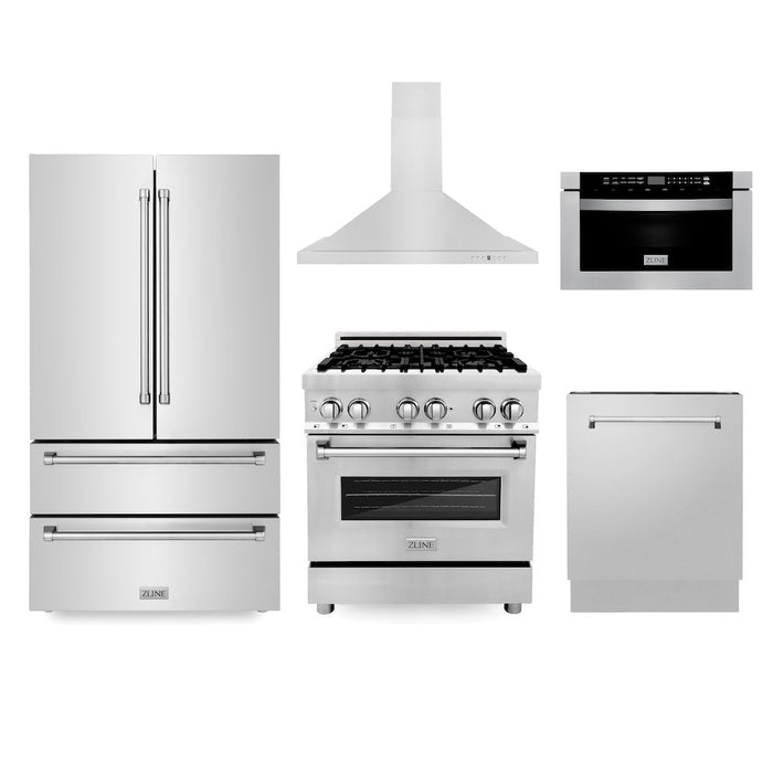 ZLINE Kitchen Package with Refrigeration, 30 in. Stainless Steel Dual Fuel Range, 30 in. Range Hood, Microwave Drawer, and 24 in. Tall Tub Dishwasher (5KPR-RARH30-MWDWV)