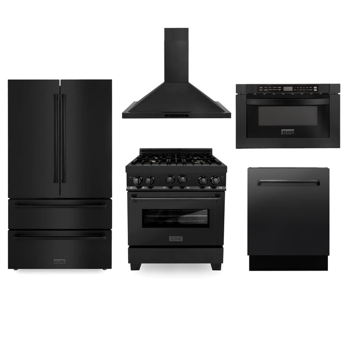 ZLINE Appliance Package - 30 in. Gas Range, Range Hood, Microwave Oven, Dishwasher, Refrigerator, 5KPR-RGBRH-MWDWV