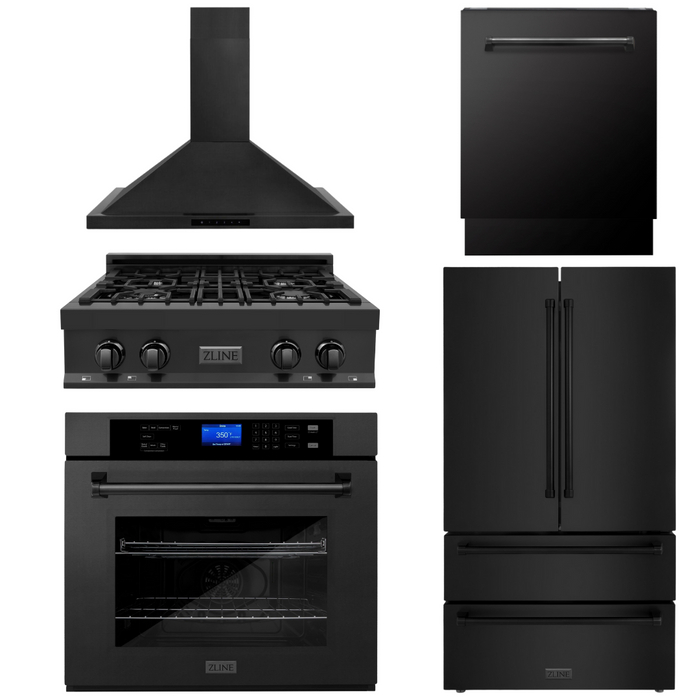 ZLINE Appliance Package - 30" Rangetop, Range Hood, Refrigerator, Dishwasher, Wall Oven in Black Stainless