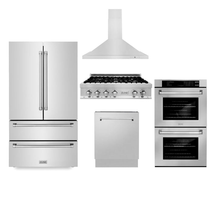 ZLINE Kitchen Package with Refrigeration, 36 in. Stainless Steel Rangetop, 36 in. Range Hood, 30 in. Double Wall Oven and 24 in. Tall Tub Dishwasher (5KPR-RTRH36-AWDDWV)