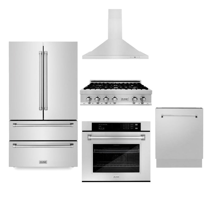 ZLINE Kitchen Package in Stainless Steel with 36 in. Refrigerator, 36 in. Gas Rangetop, 36 in. Range Hood, 30 in. Wall Oven and 24 in. Tall Tub Dishwasher (5KPR-RTRH36-AWSDWV)