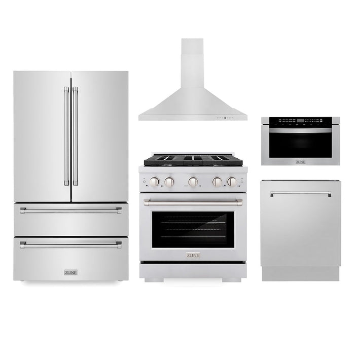 ZLINE Kitchen Package with Refrigeration, 30 in.  Stainless Steel Gas Range, 30 in.  Range Hood, Microwave Drawer, and 24 in.  Tall Tub Dishwasher