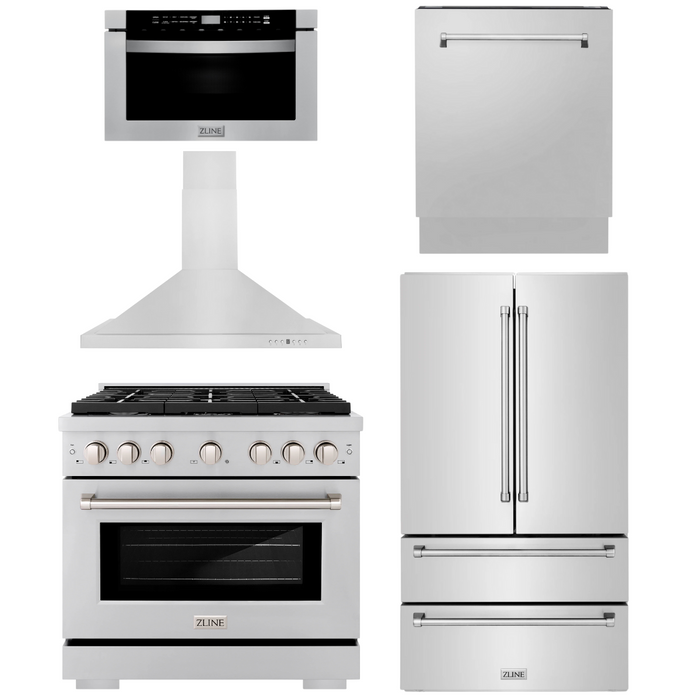 ZLINE Appliance Package - 36" Gas Range, 36" Range Hood, Microwave Drawer, 3 Rack Dishwasher, Refrigerator, 5KPR-SGRRH36-MWDWV