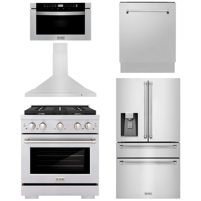 ZLINE Package - 30" Gas Range, Range Hood, Microwave, Refrigerator with Water and Ice Dispenser, Dishwasher in Stainless Steel