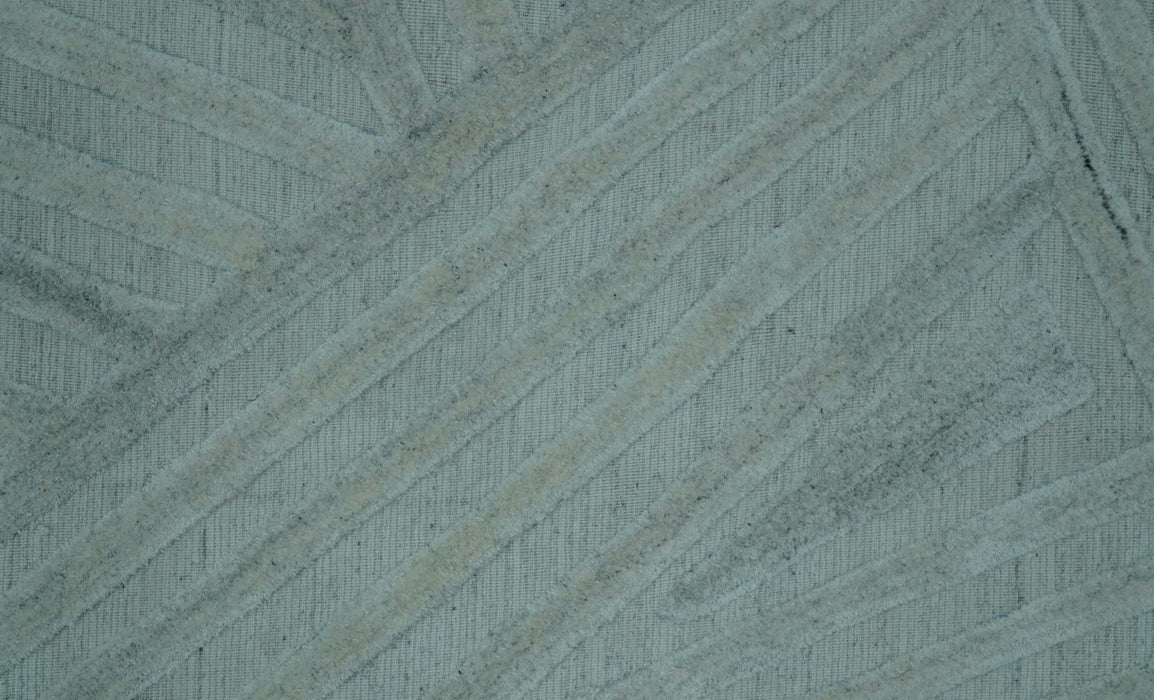 Modern Geometrical Pattern Ivory and Silver Hand Knotted 10x13 Wool Rug