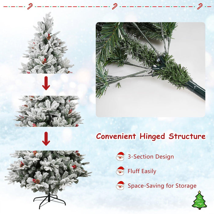 6.9ft Artificial Christmas Tree Snow Flocked Xmas Tree with 1150 Branch Tips Pine Cones and Red Berries