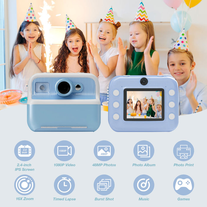 Kids Camera Instant Camera Christmas Birthday Gifts 1080P Digital Video Camera with 3 Rolls Paper, Blue