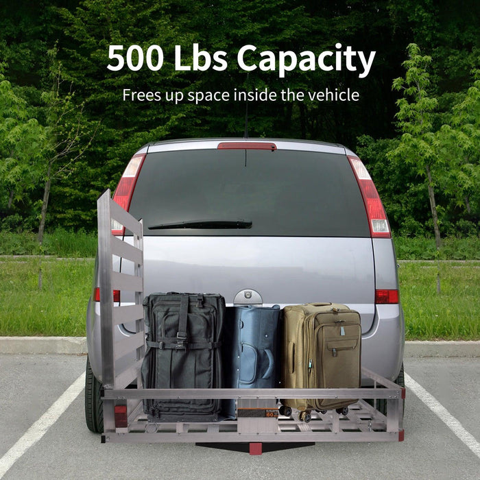 50"x 29.7" Hitch Mount Cargo Carrier Trailer Aluminum Utility Basket with 41.5" Folding Wheelchair Ramp, Silver