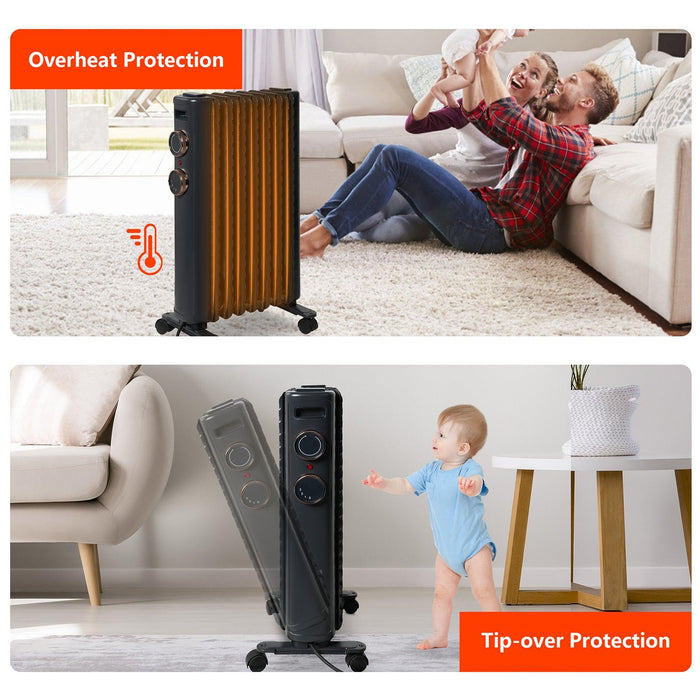 1500W Oil Filled Radiator Heater with 3 Heating Modes Portable Electric Space Heater, Matte Black