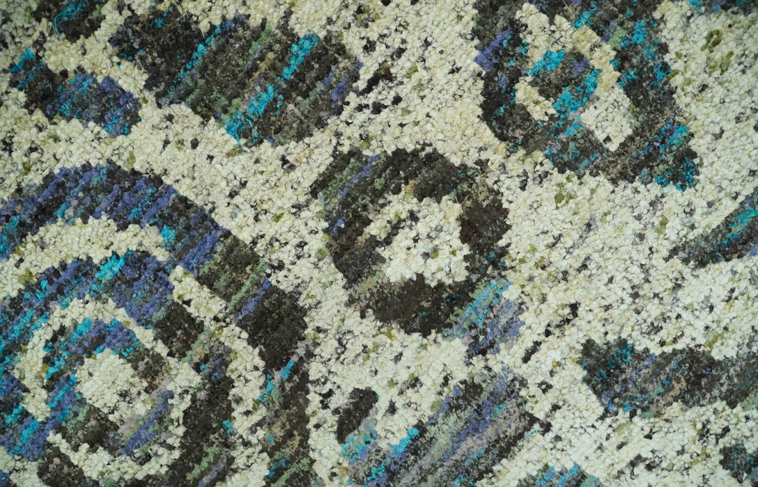 Hand Knotted Beige, Charcoal and Blue Antique Design Contemporary Recycled Silk Rug