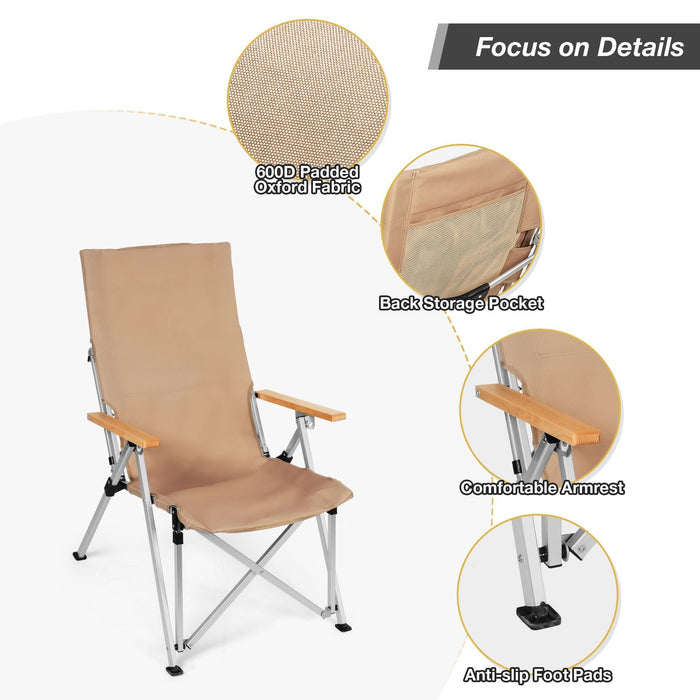 Portable Folding Camping Chair with 3 Positions Adjustable Wooden Armrest Aluminum Frame, Beige