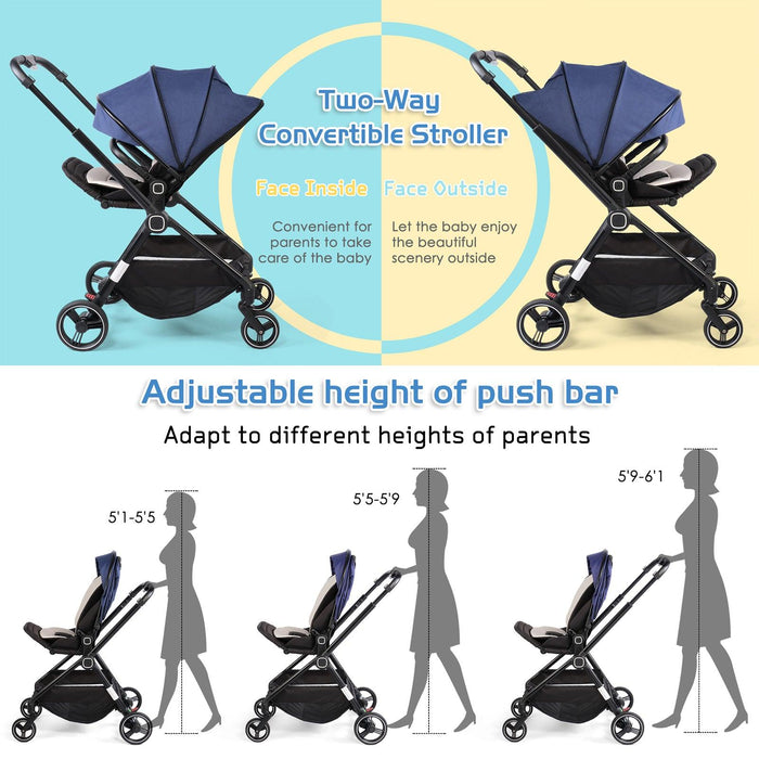 Easy Fold Baby Stroller Lightweight High Landscape Infant Pushchair with Reversible Seat, Blue