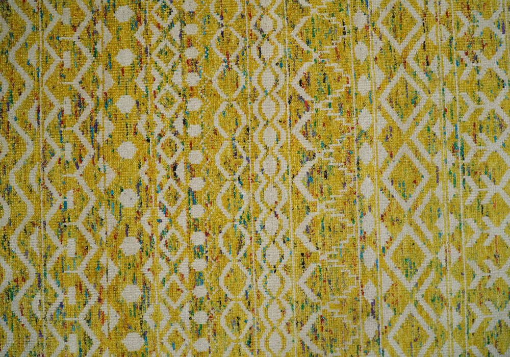 8.7x11.4 Hand Knotted Gold and White Ivory Contemporary Southwestern Tribal Trellis Recycled Silk Area Rug | OP4