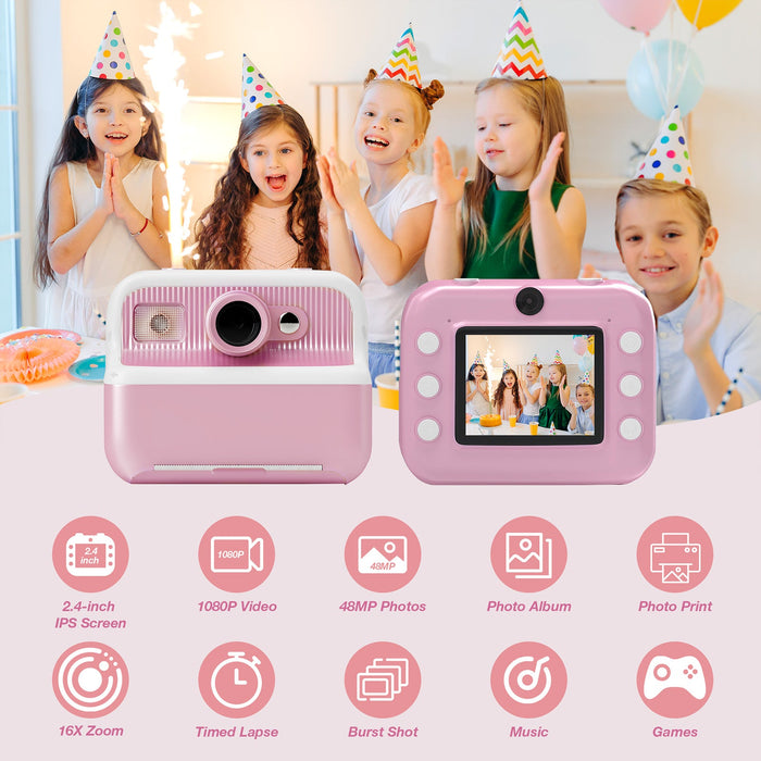 Kids Camera Instant Camera Christmas Birthday Gifts 1080P Digital Video Camera with 3 Rolls Paper, Pink