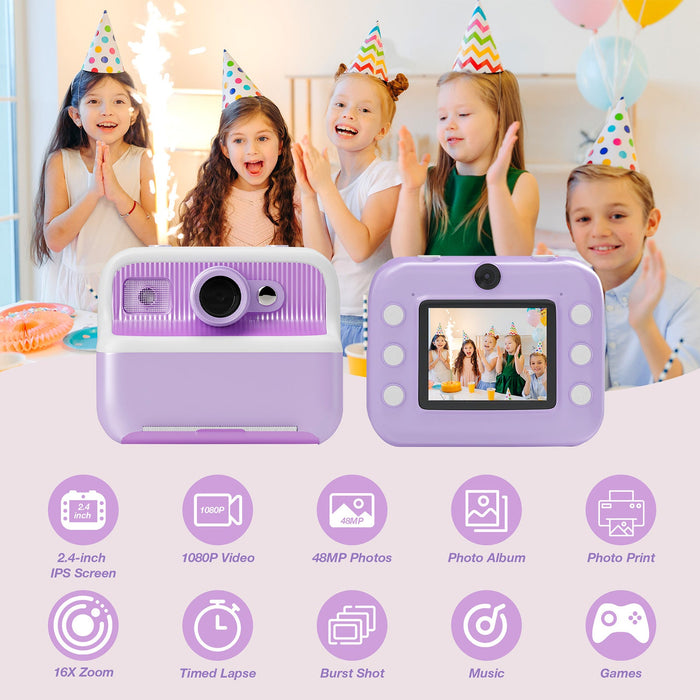 Kids Camera Instant Camera Christmas Birthday Gifts 1080P Digital Video Camera with 3 Rolls Paper, Purple