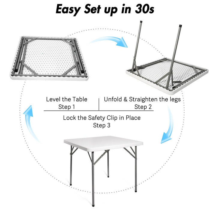 34" Portable Folding Plastic Square Table for 4 Picnic Dining Table with Carry Handle, White