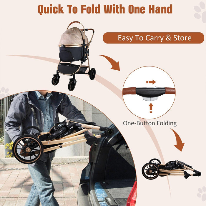 3 in 1 Travel Dog Stroller Pet Carrier with Detachable Carrier & Adjustable Handle, Gold