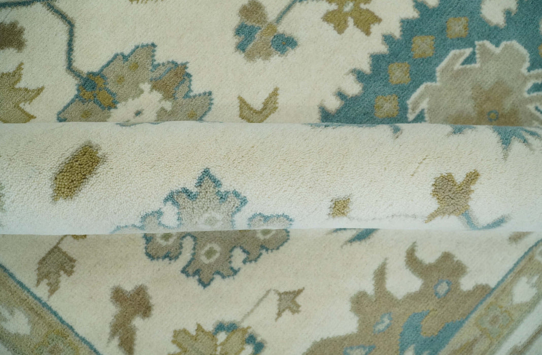 Hand Knotted Ivory, Beige and Teal Traditional Oushak Wool Area Rug