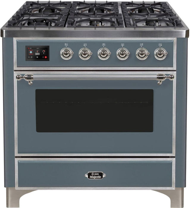 ILVE Majestic II 36" Dual Fuel Propane Gas Range in Blue Grey with Chrome Trim, UM09FDNS3BGCLP