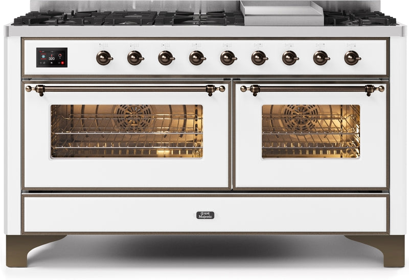 ILVE Majestic II 60" Dual Fuel Propane Gas Range in White with Bronze Trim, UM15FDNS3WHBLP