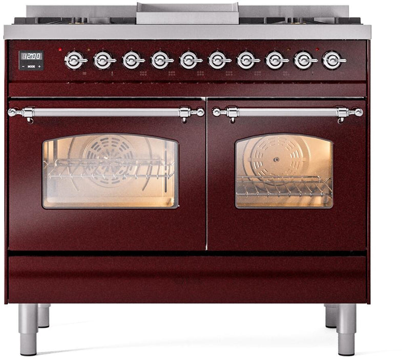 ILVE Nostalgie II 40" Dual Fuel Propane Gas Range in Burgundy with Chrome Trim, UPD40FNMPBUCLP