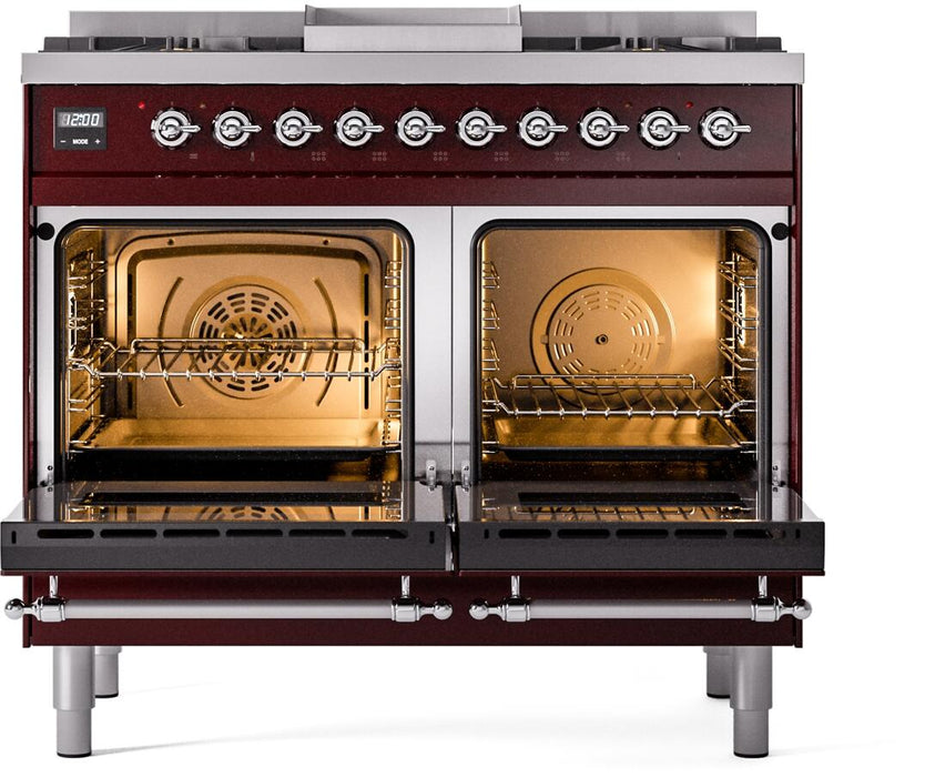 ILVE Nostalgie II 40" Dual Fuel Propane Gas Range in Burgundy with Chrome Trim, UPD40FNMPBUCLP