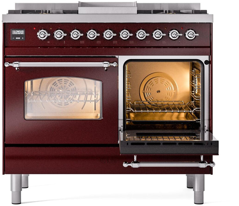 ILVE Nostalgie II 40" Dual Fuel Propane Gas Range in Burgundy with Chrome Trim, UPD40FNMPBUCLP