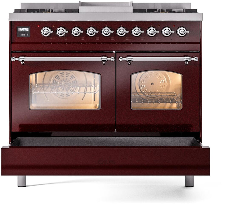 ILVE Nostalgie II 40" Dual Fuel Propane Gas Range in Burgundy with Chrome Trim, UPD40FNMPBUCLP