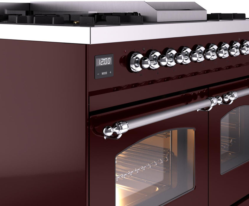 ILVE Nostalgie II 40" Dual Fuel Propane Gas Range in Burgundy with Chrome Trim, UPD40FNMPBUCLP