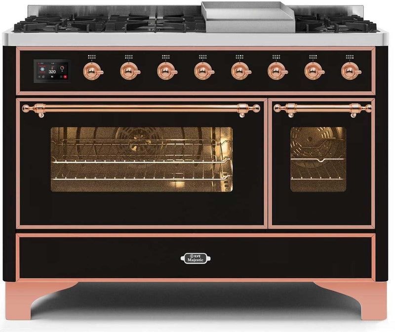 ILVE Majestic II 48" Dual Fuel Propane Gas Range in Glossy Black with Copper Trim, UM12FDNS3BKPLP