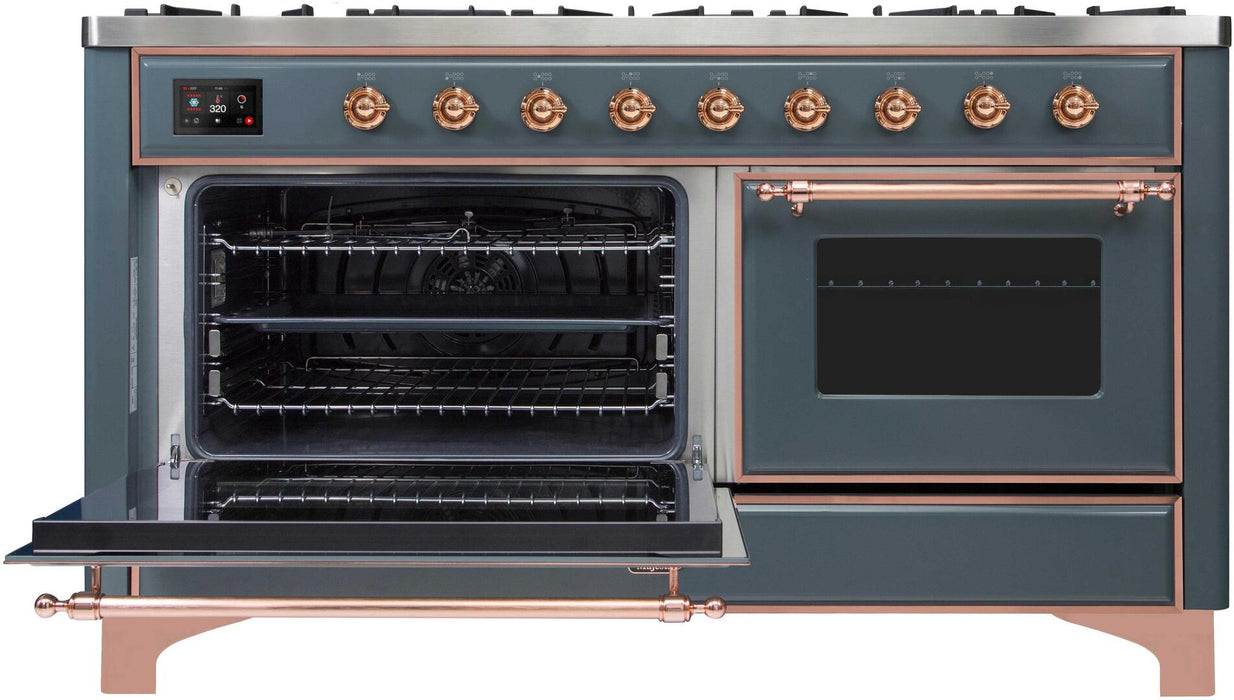 ILVE Majestic II 60" Dual Fuel Natural Gas Range in Blue Grey with Copper Trim, UM15FDNS3BGP