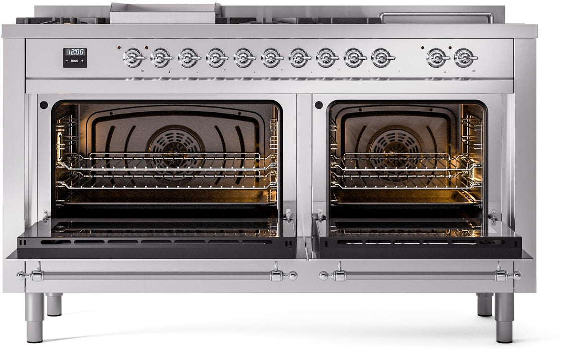 ILVE Nostalgie II 60" Dual Fuel Natural Gas Range in Stainless Steel with Chrome Trim, UP60FSNMPSSC