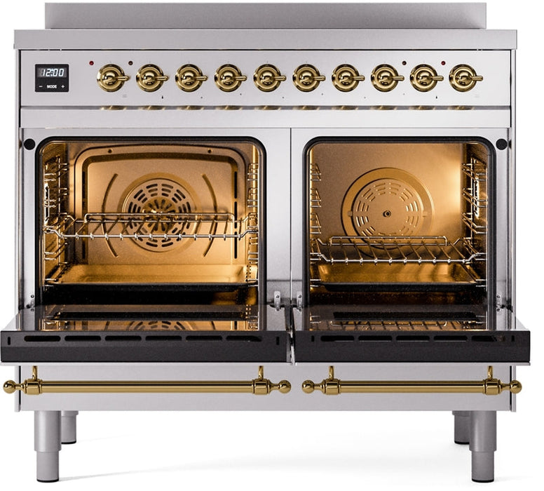 ILVE Nostalgie II 40" Induction Range with Element Stove and Electric Oven in Stainless Steel with Brass Trim, UPDI406NMPSSG