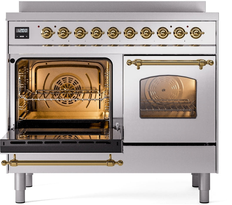 ILVE Nostalgie II 40" Induction Range with Element Stove and Electric Oven in Stainless Steel with Brass Trim, UPDI406NMPSSG