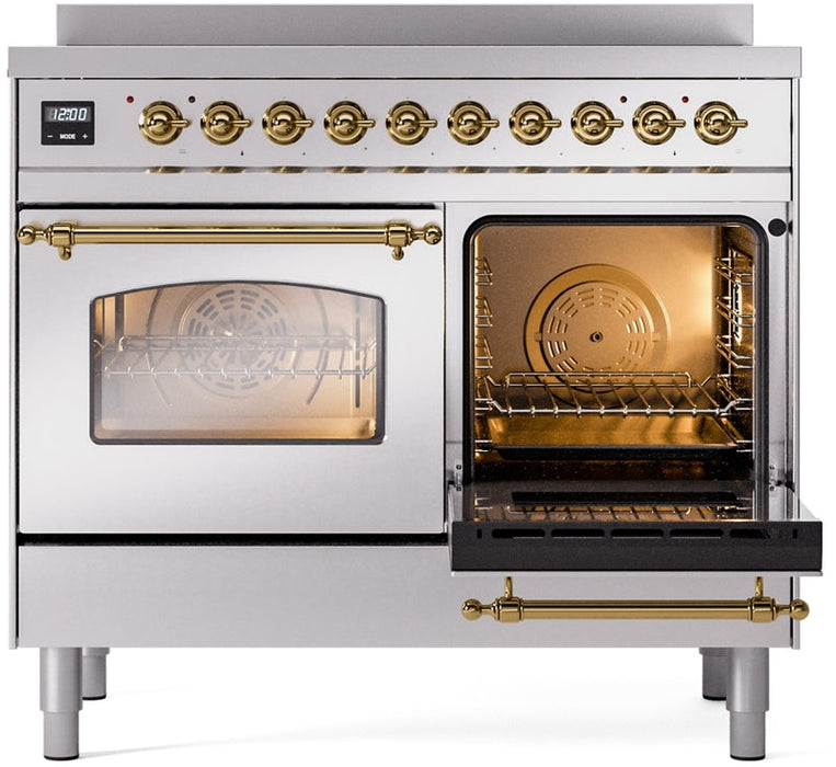 ILVE Nostalgie II 40" Induction Range with Element Stove and Electric Oven in Stainless Steel with Brass Trim, UPDI406NMPSSG