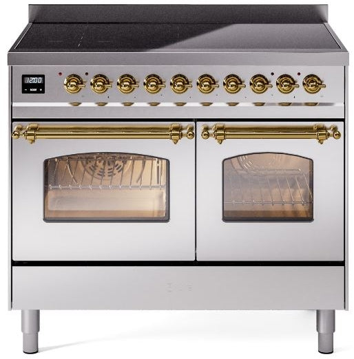 ILVE Nostalgie II 40" Induction Range with Element Stove and Electric Oven in Stainless Steel with Brass Trim, UPDI406NMPSSG