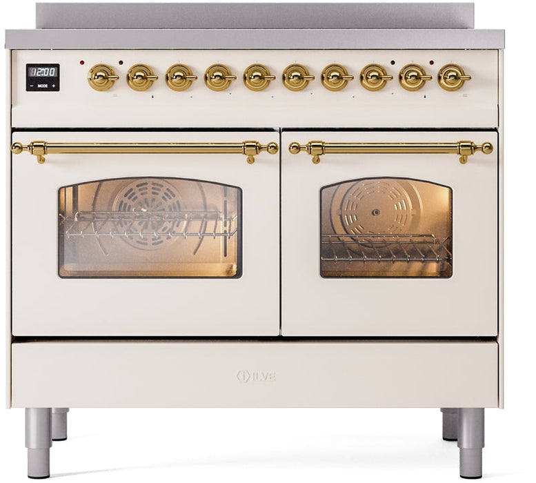 ILVE Nostalgie II 40" Induction Range with Element Stove and Electric Oven in Antique White with Brass Trim, UPDI406NMPAWG