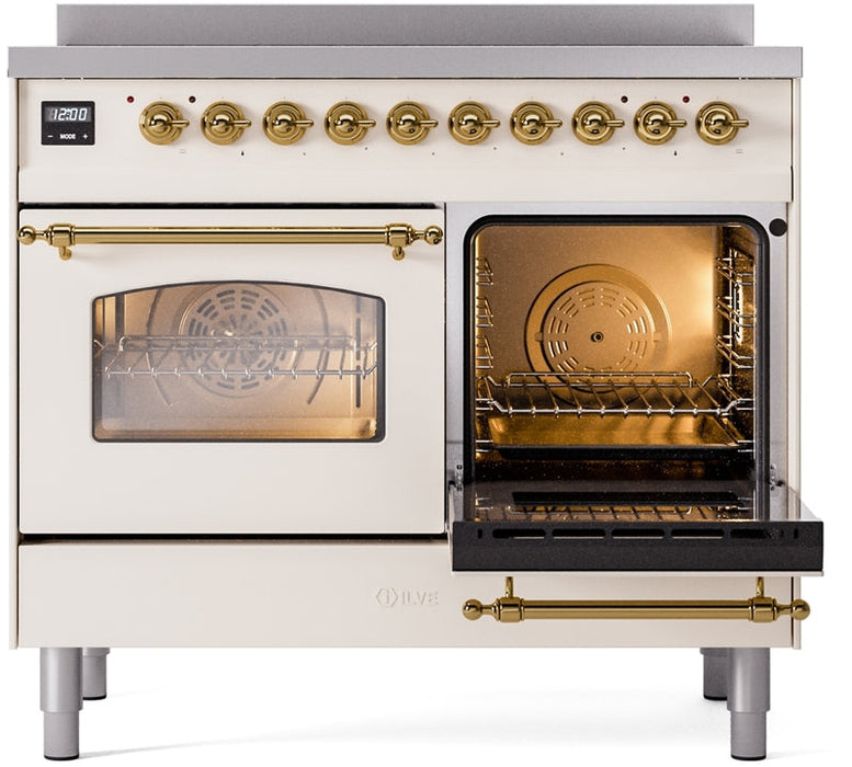 ILVE Nostalgie II 40" Induction Range with Element Stove and Electric Oven in Antique White with Brass Trim, UPDI406NMPAWG