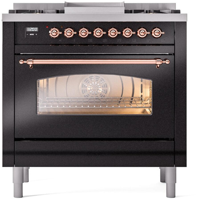 ILVE Nostalgie II 36" Dual Fuel Propane Gas Range in Glossy Black with Copper Trim, UP36FNMPBKPLP