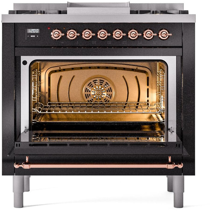 ILVE Nostalgie II 36" Dual Fuel Propane Gas Range in Glossy Black with Copper Trim, UP36FNMPBKPLP