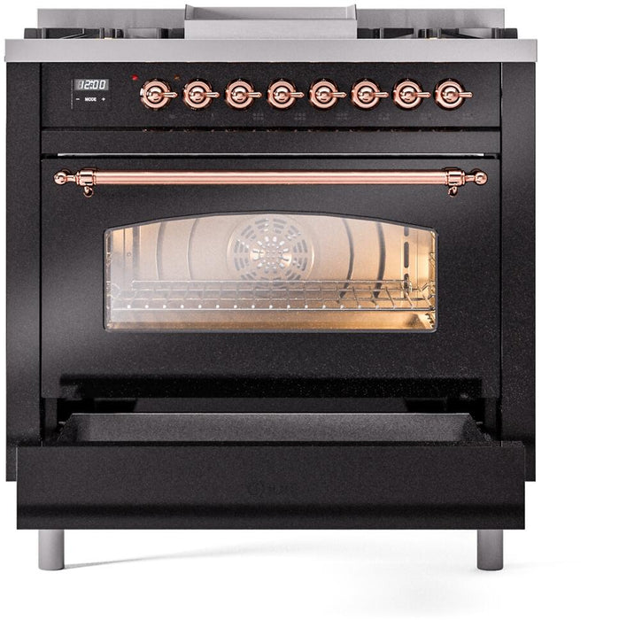 ILVE Nostalgie II 36" Dual Fuel Propane Gas Range in Glossy Black with Copper Trim, UP36FNMPBKPLP