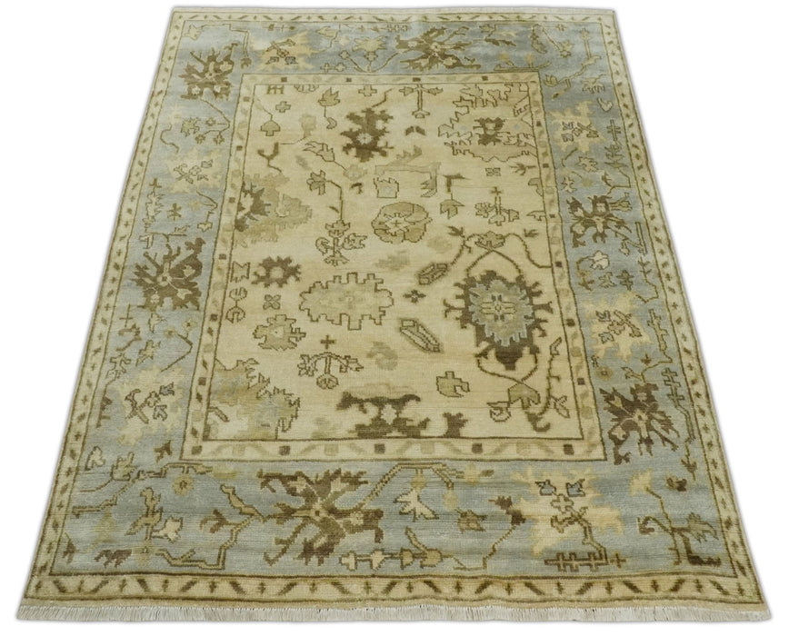 5x7 Hand Knotted Beige, Silver and Brown Traditional oushak Wool Area Rug | N34157