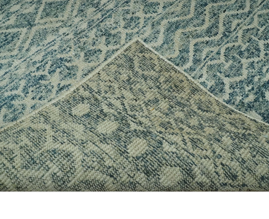 5x7 Teal and Beige Hand knotted southwestern Tribal trellis recycled Art Silk rug