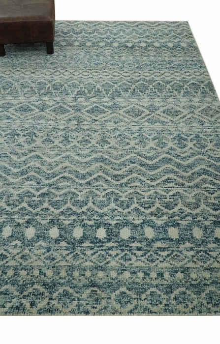 5x7 Teal and Beige Hand knotted southwestern Tribal trellis recycled Art Silk rug