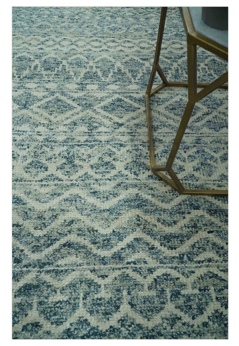 5x7 Teal and Beige Hand knotted southwestern Tribal trellis recycled Art Silk rug