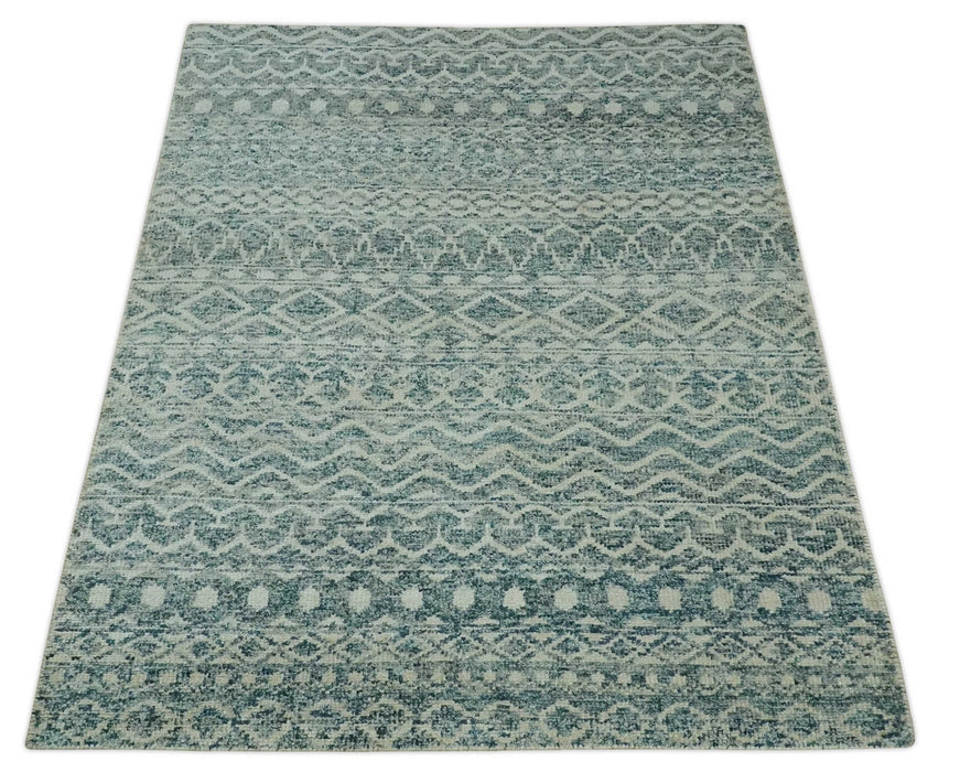 5x7 Teal and Beige Hand knotted southwestern Tribal trellis recycled Art Silk rug