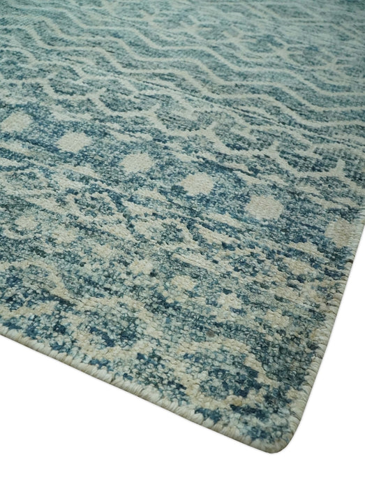 5x7 Teal and Beige Hand knotted southwestern Tribal trellis recycled Art Silk rug