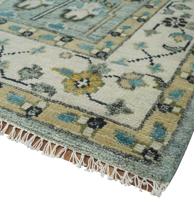 Hand Knotted Traditional Aqua and Ivory Antique Oushak Custom Made Wool Area Rug
