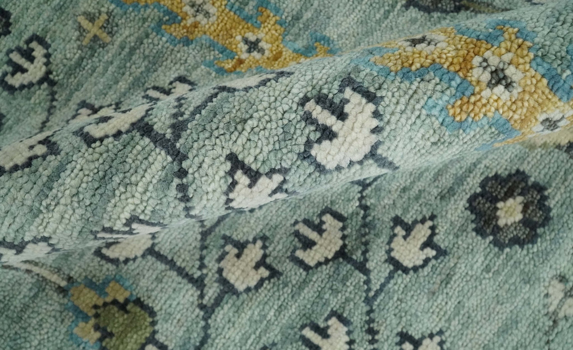 Hand Knotted Traditional Aqua and Ivory Antique Oushak Custom Made Wool Area Rug