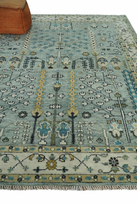 Hand Knotted Traditional Aqua and Ivory Antique Oushak Custom Made Wool Area Rug